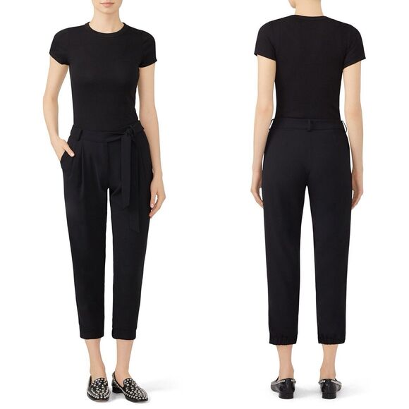 PARKER Elliot Pleated High Rise Belted Tie Waist Trouser Pants Size 8 Black - Picture 2 of 11